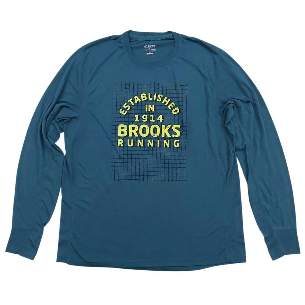Brooks Running Mens Large Teal Long Sleeve Run Happy Graphic Tee Shirt Workout
